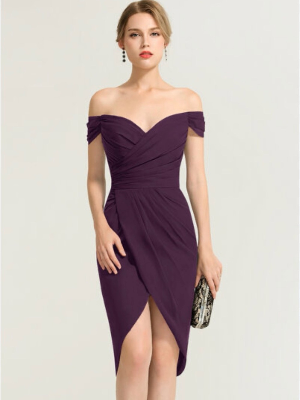 JJ's House Grape Purple Pleated Off-The-Shoulder Faux Wrap Hi Low Dress Sz 8